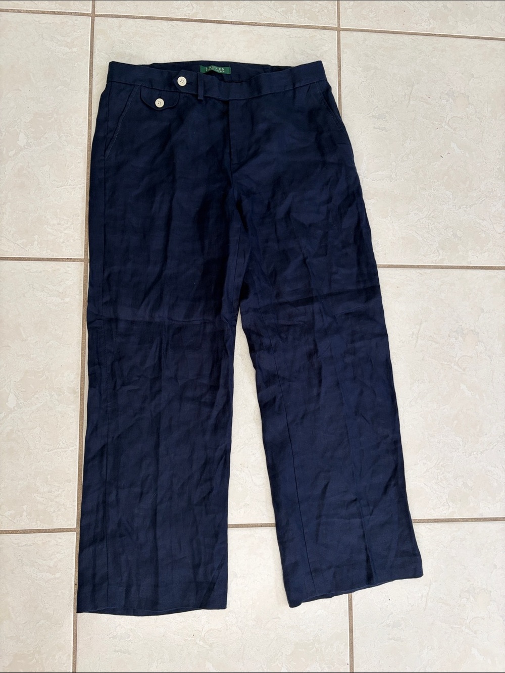 Lauren Ralph Lauren Navy Wide-Leg 100%Linen Pants